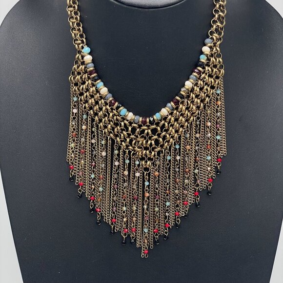 Multicolor Beaded Fringe Chain Choker Statement Necklace Gold Tone Wedding Guest - Picture 3 of 6
